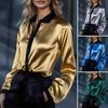 Women Shirt Lapel Long Sleeve Satin Texture Breathable Shirt Patchwork Color Loose Fit Office Casual