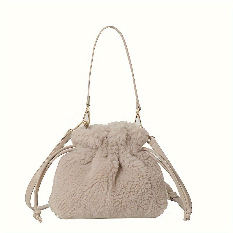 Fashionable Mini Plush Crossbody Bag with Drawstring - Soft Fuzzy Bucket Bag for Women,  Detachable Strap, Polyester Lined
