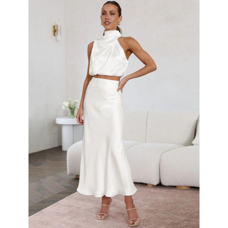 Solid Color Sleeveless Pleated Skirt Set Pure Color Sleeveless Pleated Skirt Suit Women