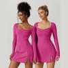 Womens Square Neck Bodice Dress Long Sleeve Side Slit Flare Mini Dresses