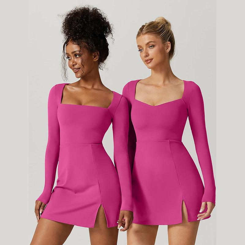 Womens Square Neck Bodice Dress Long Sleeve Side Slit Flare Mini Dresses