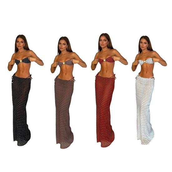 3Pcs/Set Women Swimsuit Set Chest Pad No Underwire Bandeau Bra Dot Print Swimming Briefs Set with Split Skirt Sexy Woven Beach Bikini Set