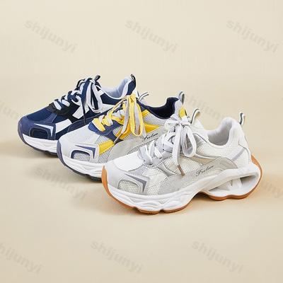 Damen Chunky Sneaker Mode Doppelte Schnürung Atmungsaktives Mesh Lässige Sportschuhe Trendig Vielseitig Absatzsteigernde Plateau-Schuhe