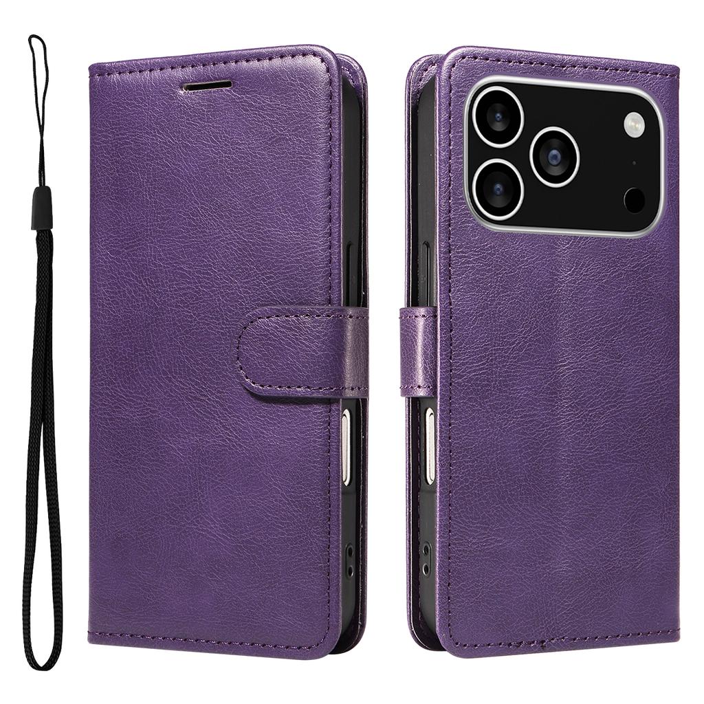 For iPhone 17 Pro Leather Wallet Case with Strap Solid Color Phone Stand Cover