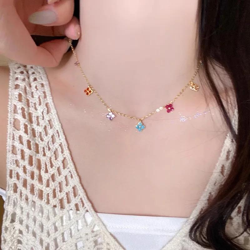PONYKISS Sterling Silver Colorful Zircon Clover Flower Pendant Chain Necklaces for Women Fine Cute Plant Accessories