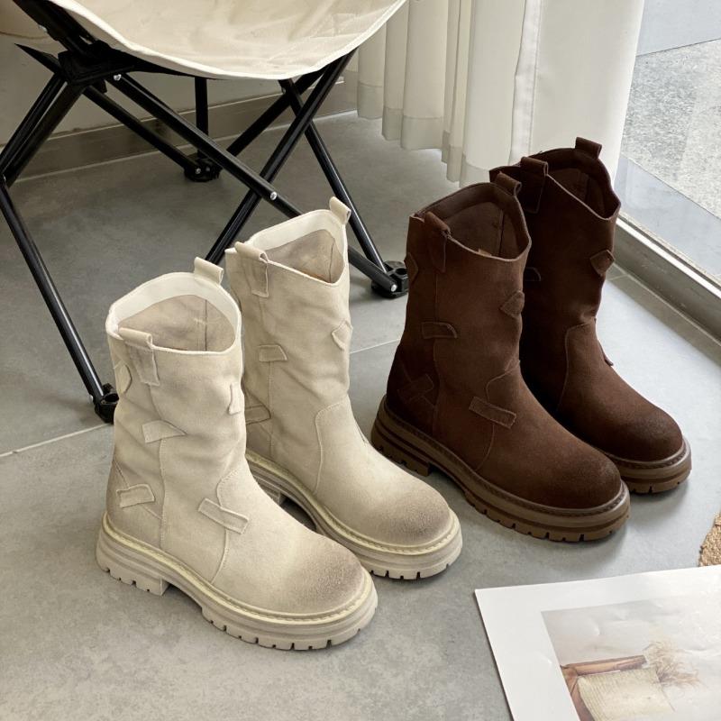 Mote Ensfarvede Dame Støvletter Midt-legg Støvletter Dame Rund Tå Tykk Hæl Høst og Vinter Ankelstøvletter Damesko