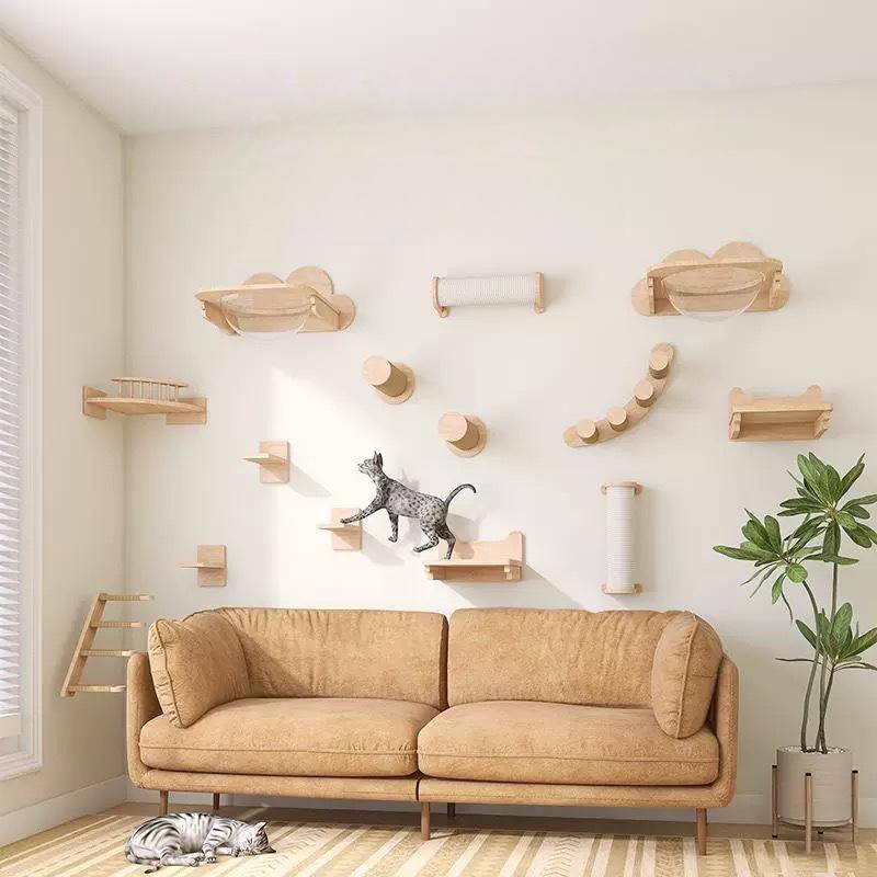 Katzenbaum Wandmontiert Kletterschränke Holz Hängematte mit Leiter und Katzenbrücke für Katzenstange Schlafendes Haustier Indoor Spielplatz