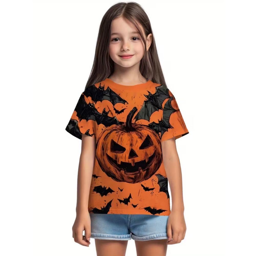 Girl's T-shirt Halloween Cartoon Pumpkin Print Round Neck Short Sleeved Top Fashionable Girl's Clothing Holiday Children's Clothing