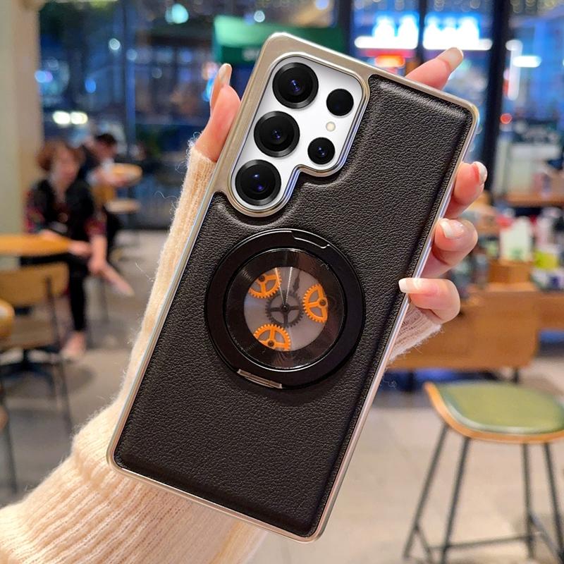 For Samsung Galaxy S24 Ultra Magnetic Case Rotating Kickstand Gear Stress Relief Leather Phone Back Cover