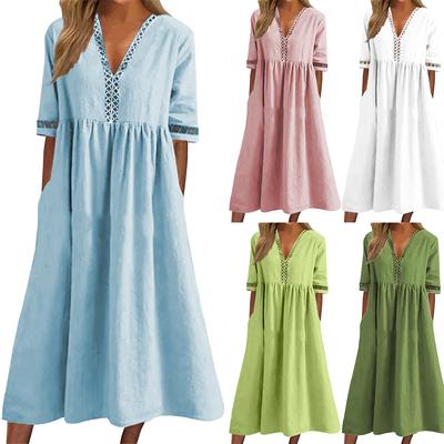 Spring And Summer Women's Color Short Sleeved Lace V-Neck Waist Up Dress