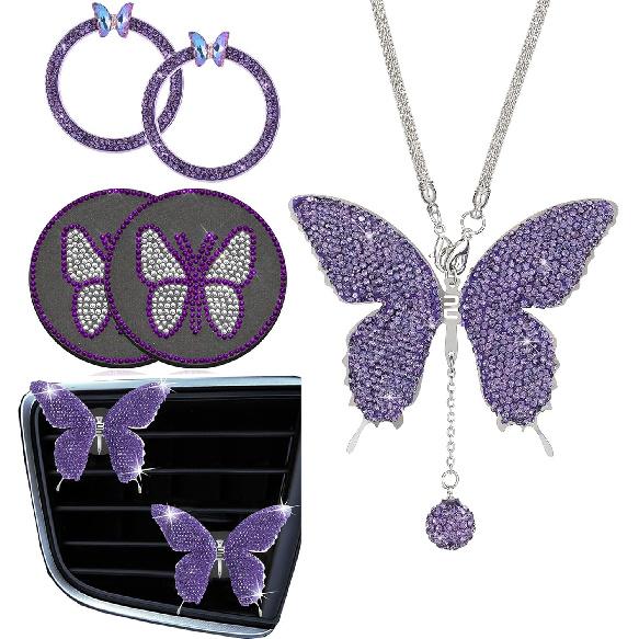 

U&M 7 Packs Bling Butterfly Car Accessories for Women Interior Cute Set, Crystal Rear View Mirror Charms Ring Emblem Cup Coasters Butterflies Air фиолетовый