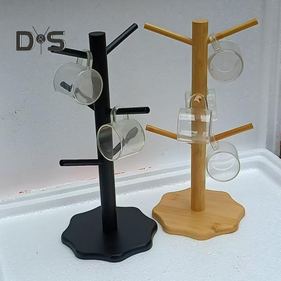 Bamboe Kopjeshouder Boom 6 Haken Koffiemok Rek Antislip Koffiekop Standaard Eenvoudige Installatie Mok Organizer Standaard voor Keuken Aanrecht