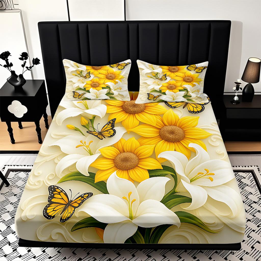 Home Textiles Sunflower Pattern 3D Digital Printing Sanded Sheet Three-Piece Set, Pattern