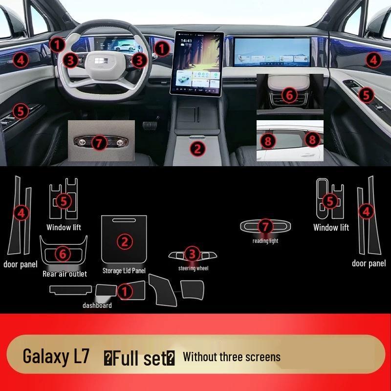 Geely Galaxy L7 Interior Protection: HD Film for Navigation, Dashboard & Gear Shift.