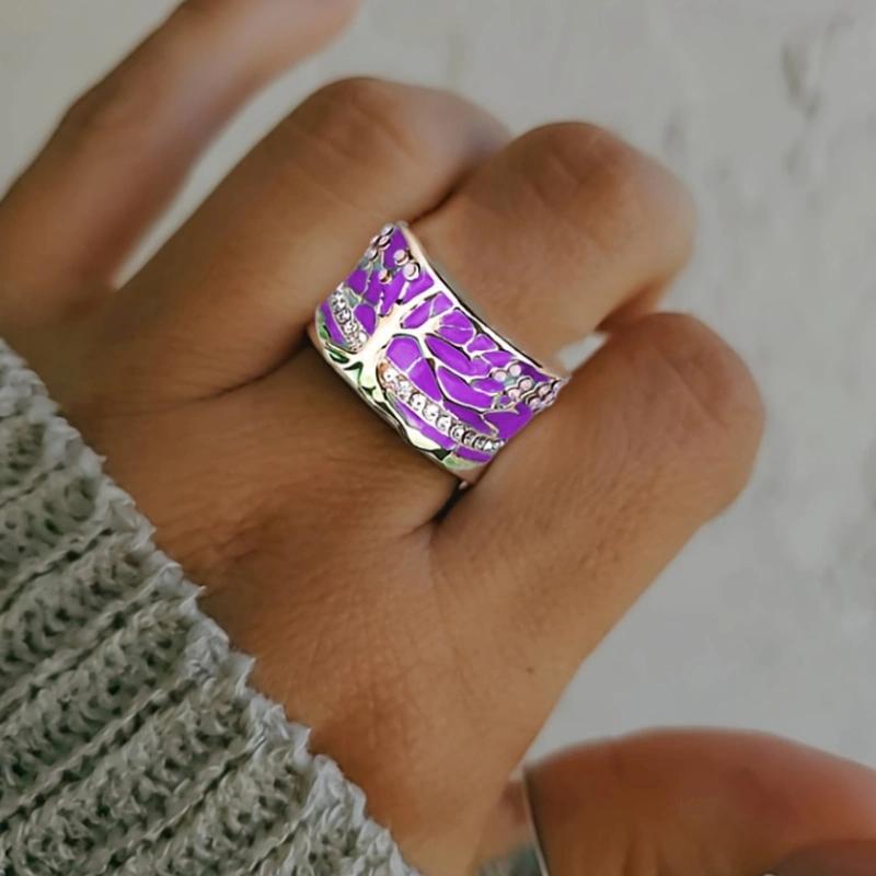 Lucky Flower Tree of Life Rings Fashion Purple Opal Enamel Wide Ring for Woman Party Vintage Jewelry