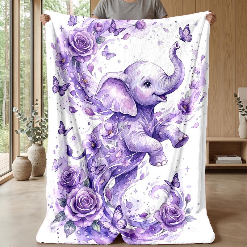 Purple Elephant In Galaxy River Theme Blanket Lightweight Warm Flannel Blanket Decorative Throw Blanket for Home Decoration