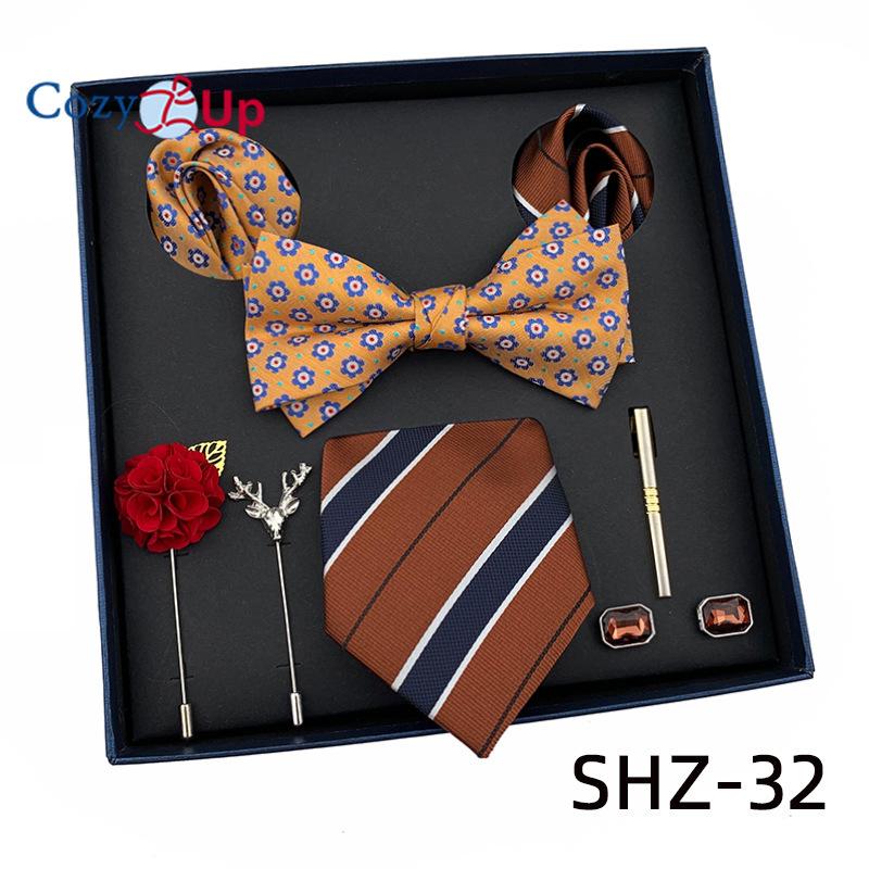 7 PCS Classic Men's  Tie Set Paisley Stripe Necktie for Men Pocket Square Bowtie  Brooch Cuff Father's Day Gift Box