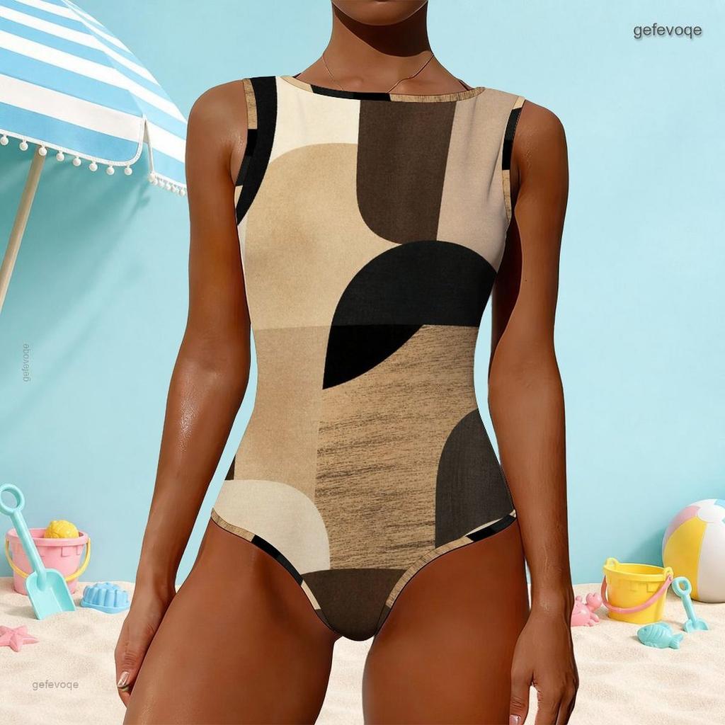 Women Plus Size High Round Neck Sleeveless One Piece Halloween Printed Swimsuit