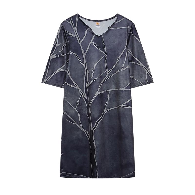 European Summer Leaf Print Rendered Fashion V-collar Mid-sleeve A-line Skirt Skirt