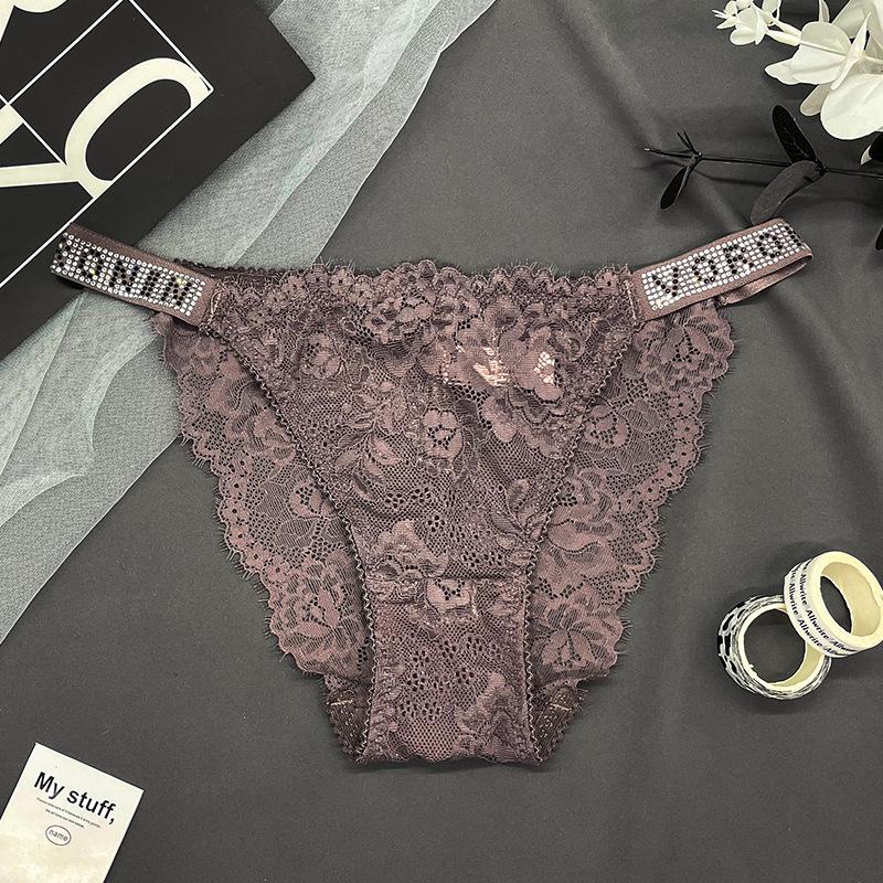 Hot Diamond Sexy Lace Underwear Women's Double Belt Thongs Diamond Decoration Hot Simple Breathable Hollow Lightweight Bikini Panties