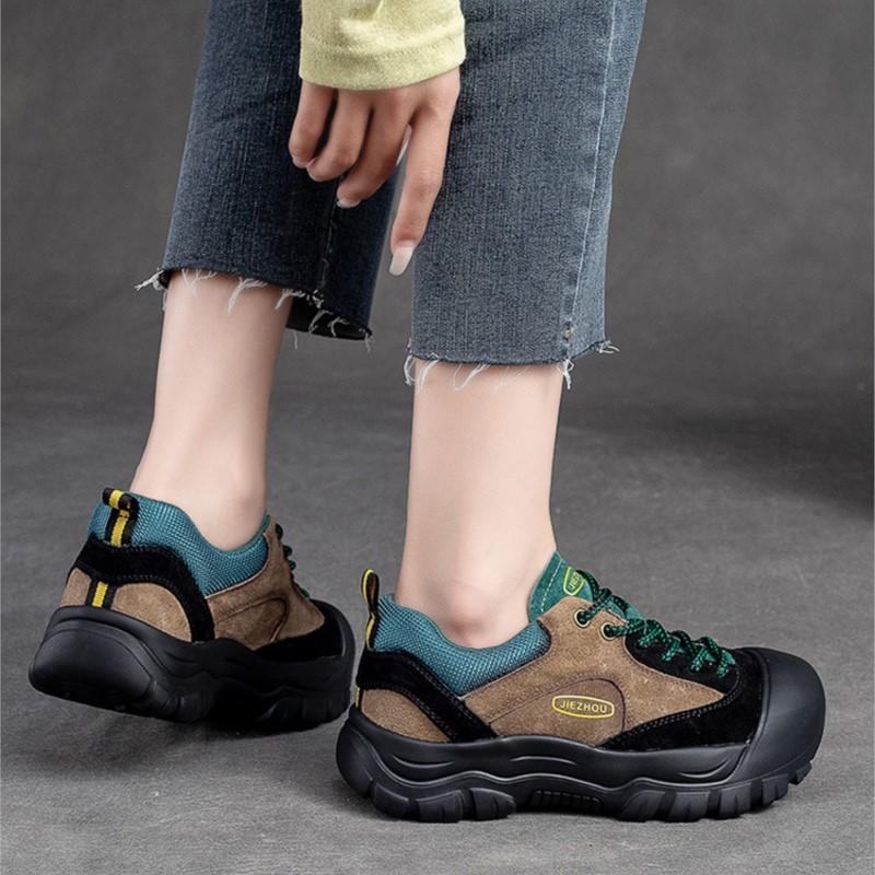 Johnature Podzim Zima Ležérní Boty Ženy Pravá Kůže Smíšené Barvy Kulatá Špička Retro Měkká Podrážka Pohodlné Tenisky