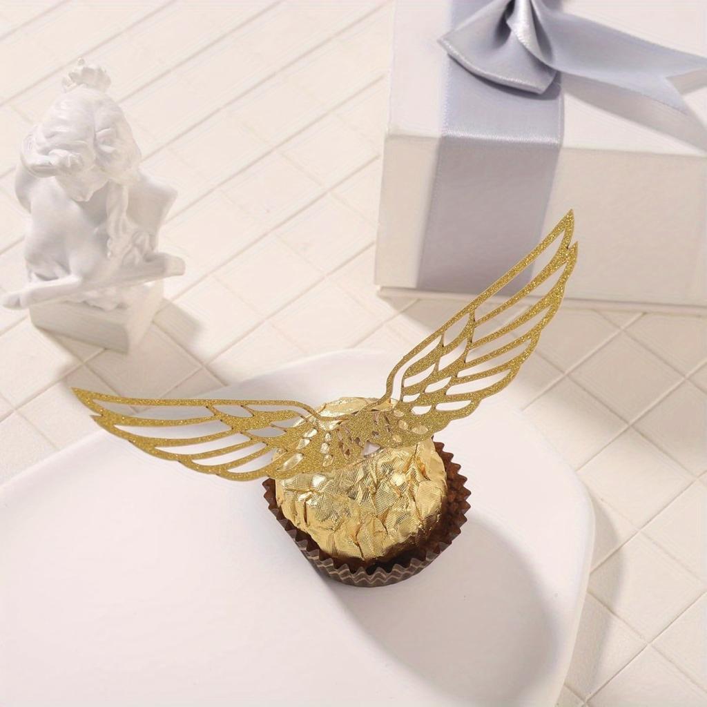 50pcs Golden Glitter Wings Chocolate Toppers with Packaging Snitch Wing Designs for Wizard Party Decorations Perfect for Cake Topper Decorations