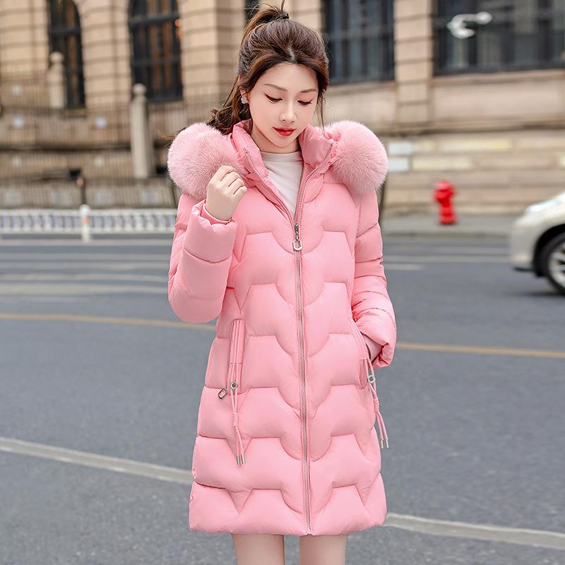 2025 winter big fur collar slim and thin medium and long cotton clothes women's thickened warm foreign gas jacket cotton clothes