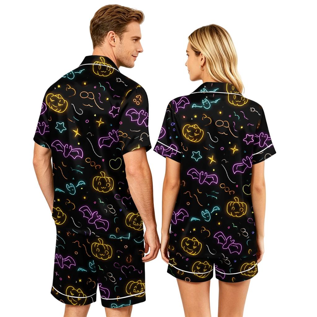 Couple Matching Halloween Pajama Set Short Sleeve Button Down Shirt and Shorts Sleepwear Soft Casual Lounge Wear S-XXXXL