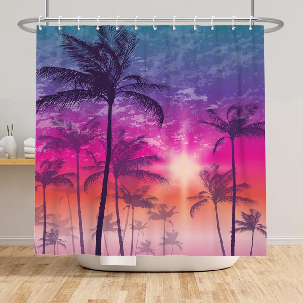 Beach Vacation Shower Curtain Tropical Palm Trees Ocean Waves Starfish Sandy Shore Pattern Waterproof Polyester Bathroom Decor
