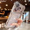 For Magsafe Plating Armor Transparent Phone Case For iPhone 17 16 15 14 13 12 Pro Max Air Plus Full Lens Protector Acrylic Cover