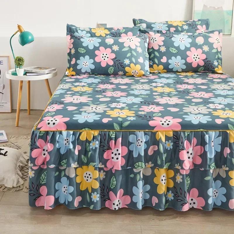 1PC Bed Skirt Cartoon Style Bed Cover Ruffled Bedsheet Falda De Cama Quilted Mattress Covers Lace Bedspread (No Pillowcase)