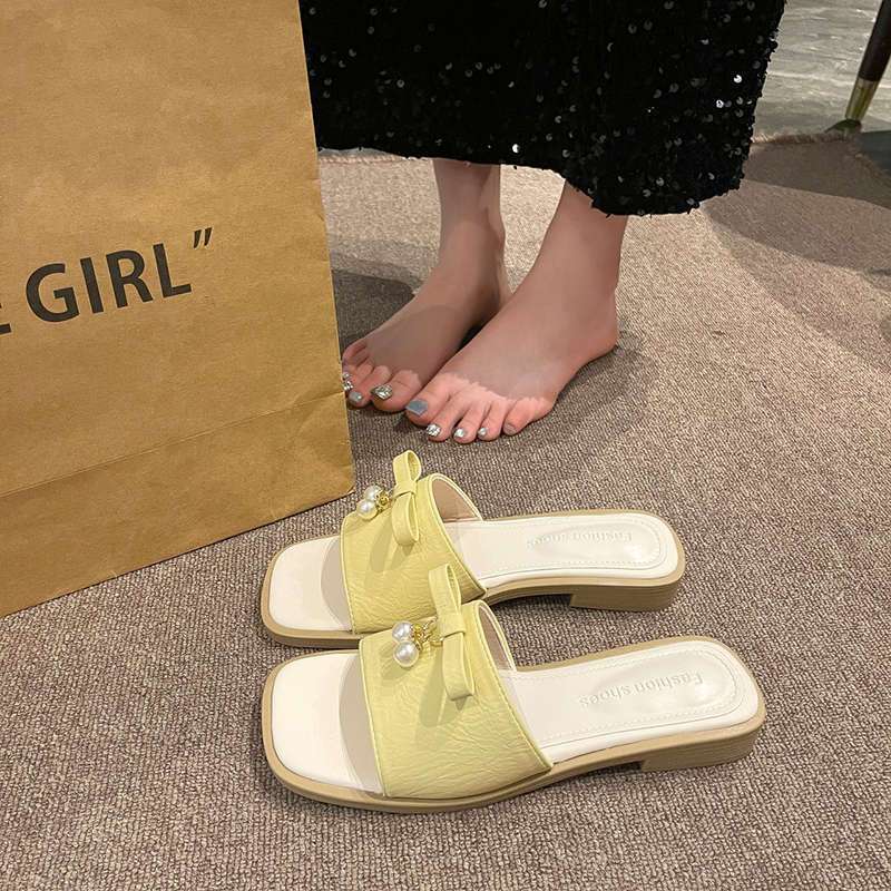Fairy with skirt beautiful cool slippers 2025 summer new pearl bow beach one-word drag female outer wear