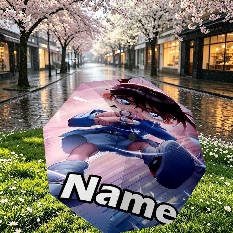 Custom Name Personalized Detective Conan Print Umbrella, Auto Open Close, 8‑Rib Sturdy Frame, Commute Camping Hiking Use, Birthday Gift