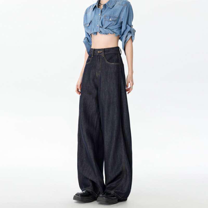Women s High Waist Wide Leg Retro Scimitar Jeans - Deep Blue, Versatile Spring & Autumn Extra Small