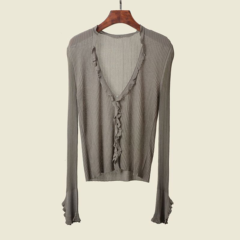 Ruffle V-neck Thin Type Sunscreen Blouse Long Sleeves K-style Spring Ice Silk Knitted Inner Match Slimming Cardigan Sweater
