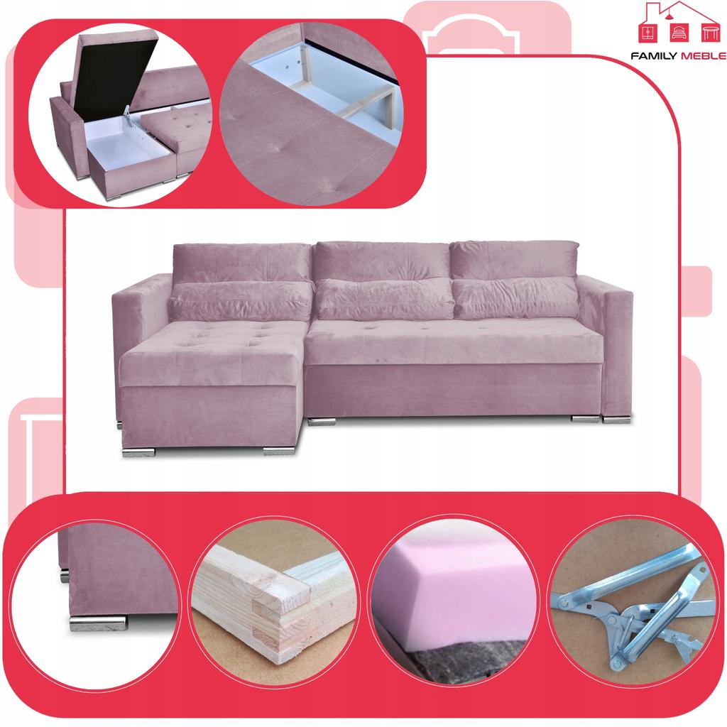 Varius Corner Sofa Bed with Sleeping Function Family Furniture Cornea Lilac Pink