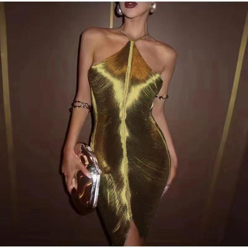 

Fashion New Arrival Fashion Tassel Sexy Halter Backless Dress Sexy Backless Tassel Dress Gold S