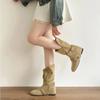 Seoul Inspired Round Toe Motorcycle Boots Women Metal Bule Velvet Surface Knight Sle Mid-Calf Flat Heel Booties Hight Top Shoes