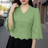 Women V-neck Loose Casual 3/4 Sleeve Plain Blouse