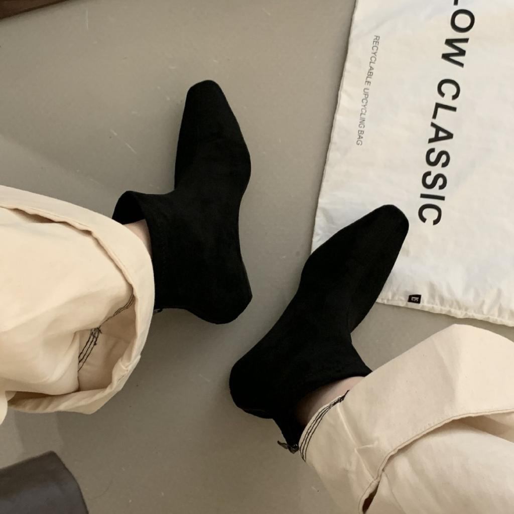 2025 Autumn and Winter Simple New Retro Suede Square Head Autumn and Winter New Square Head Thin Short Boots