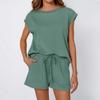 Women's Loose Fit Crew Neck Cap Sleeve Solid Pocket Drawstring Waist Short Pants Two Piece Casual Loungewear Set