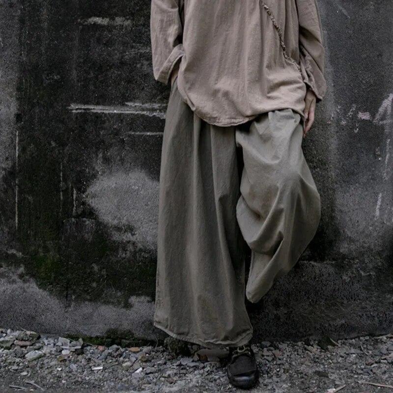 Johnature Women Cotton Vintage Wide Leg Pants Elastic Waist Loose Olive Grey Autumn Trouser Women Casual Soft Pants
