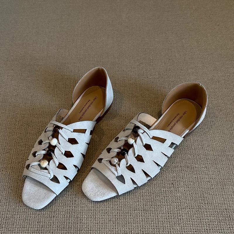 Fashion Fashion String Bead Decorative Hollow Out Flat Sandals Women Faux Suede Designer Shoes for Women Summer Casual Gladiator Sandals