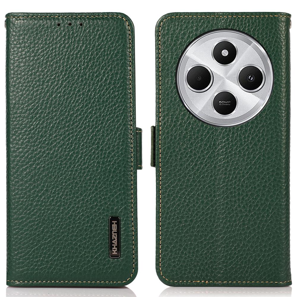 

KHAZNEH For Xiaomi Poco C75 4G/Redmi 14R 5G/14C 4G Phone Case Genuine Cow Leather Cover RFID Blocking Green