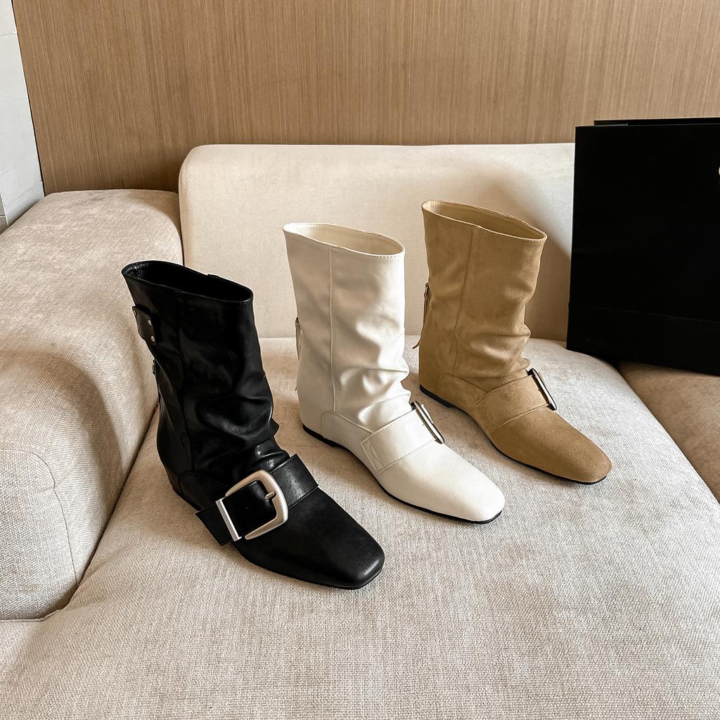 Autumn and winter new round head soft leather thin boots inner height increase short boots women's metal buckle temperament high heel white boots