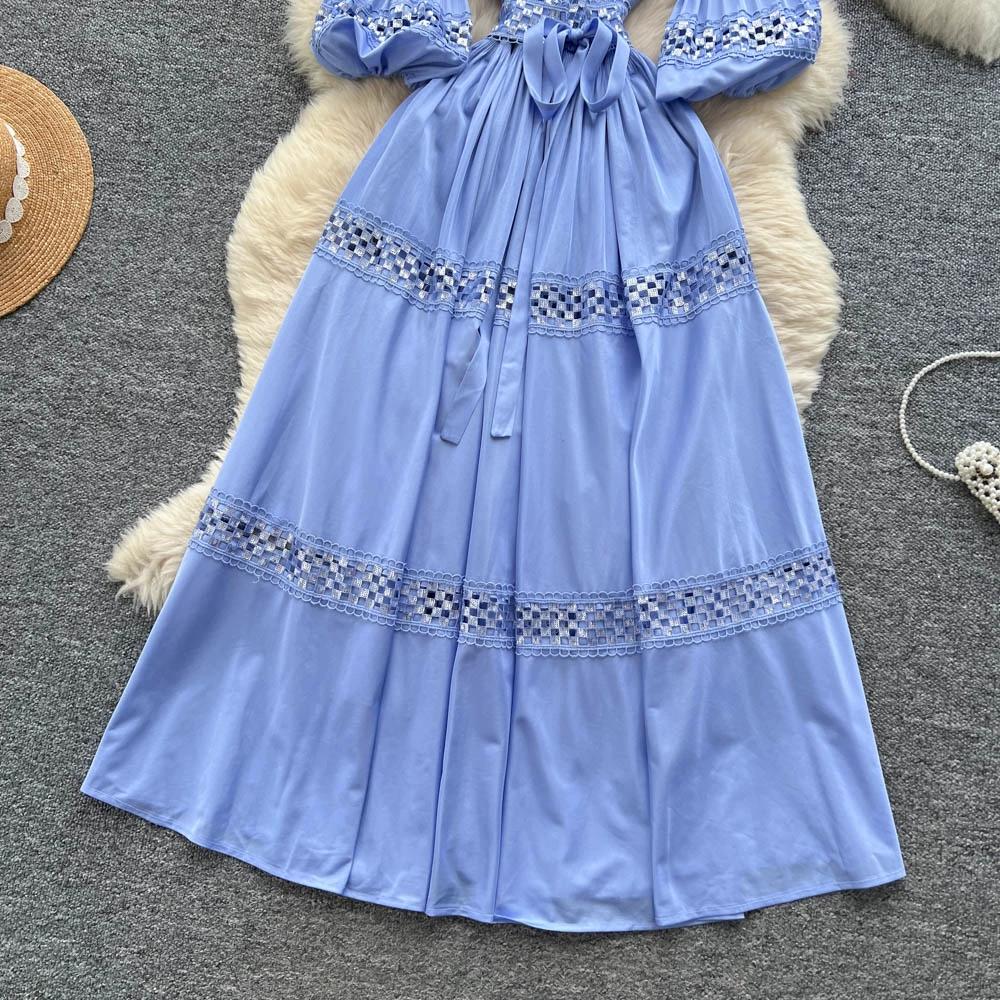 High-End Heavywork Lacing Paillette-Panel Waist-Banding Lantern Sleeve Maxi Dress for Women Autumn Charming Long Women Dress