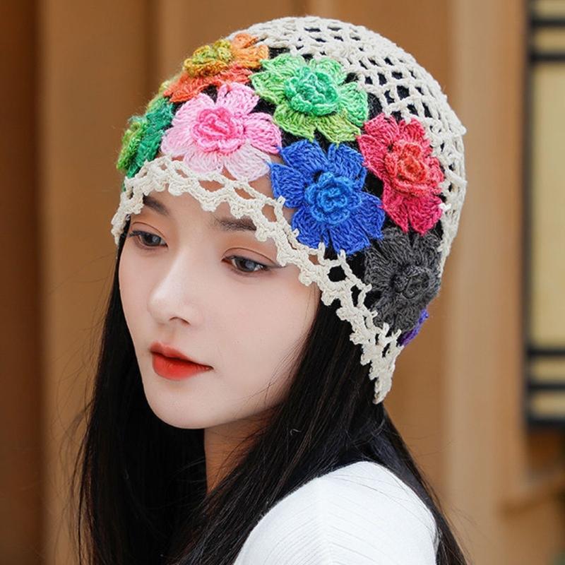 Cotton Crochet Brimless Hat With HollowOut Flower Design Summer Vacation Casual Skull Cap For Women Everyday Wear