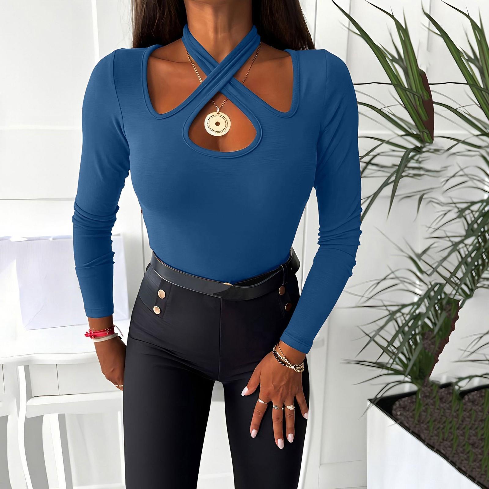 

Женская мода женская футболка сексуальный однотонный длинный топ L синий