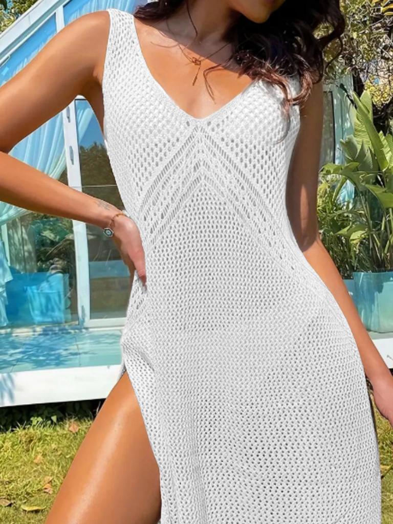 Vestido de praia com decote em V, sem mangas, cor sólida e vazado - Coleção primavera/verão