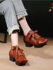 Johnature Women's Shoes Genuine Leather Square Toe Soft Cowhide Lace-up Versatile Mid Heel Pumps